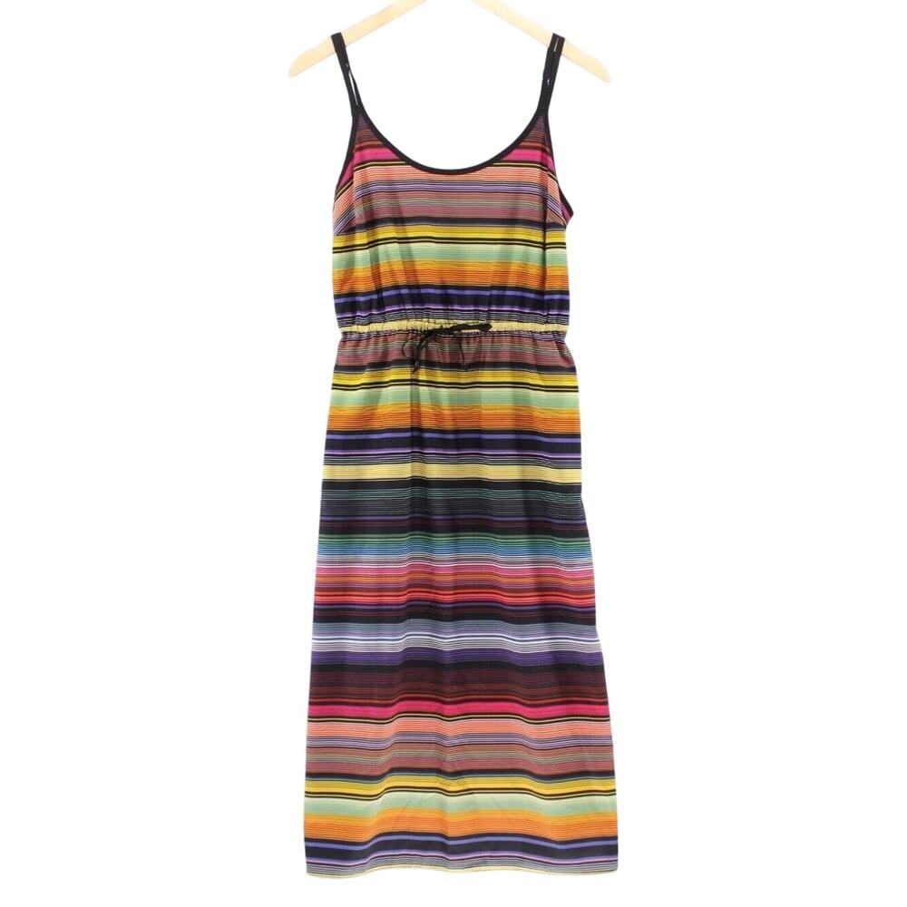 Athleta Striped Maxi Dress Small Multicolor Rainbow Elastic Waist V-Back Travel